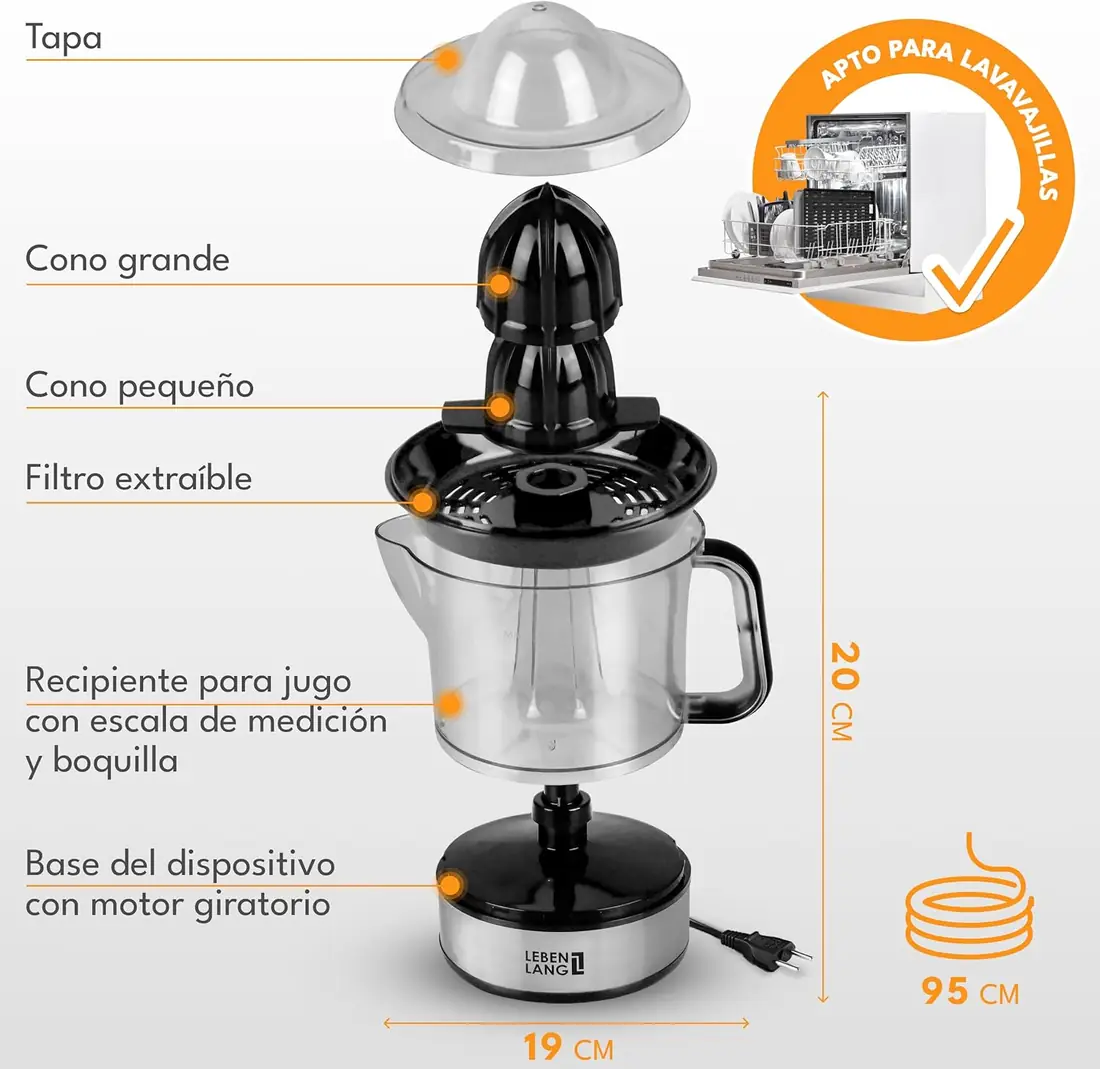 LEBENLANG Exprimidor Eléctrico 700ml Doble Cono foto 2
